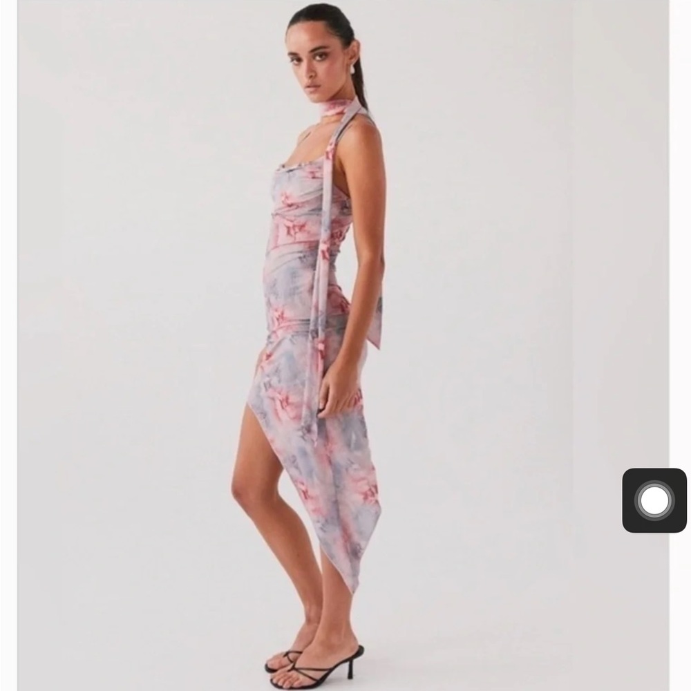 Peppermayo cute asymmetrical floral mesh midi dress with neck tie NWT